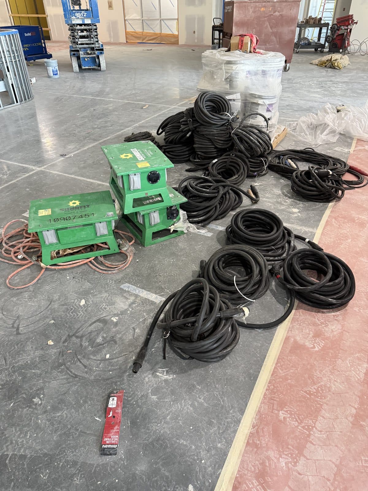 Spider boxes and feeder cable staged for temporary power distribution