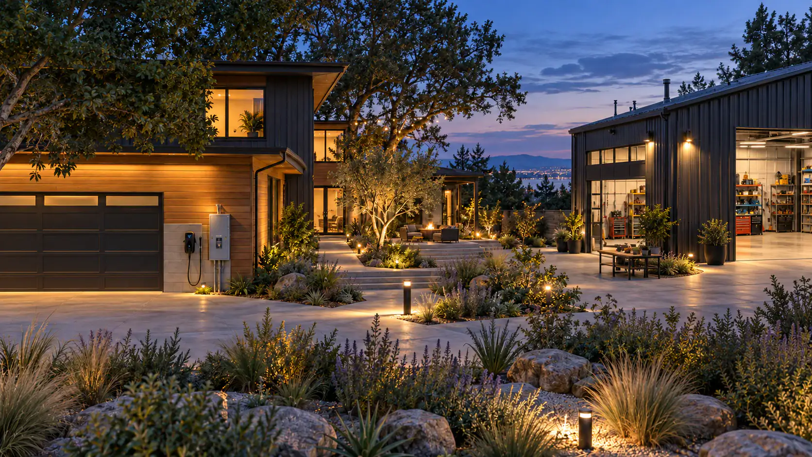 Illustrative property at dusk: a home and empty garage, illuminated garden paths, and a workshop.