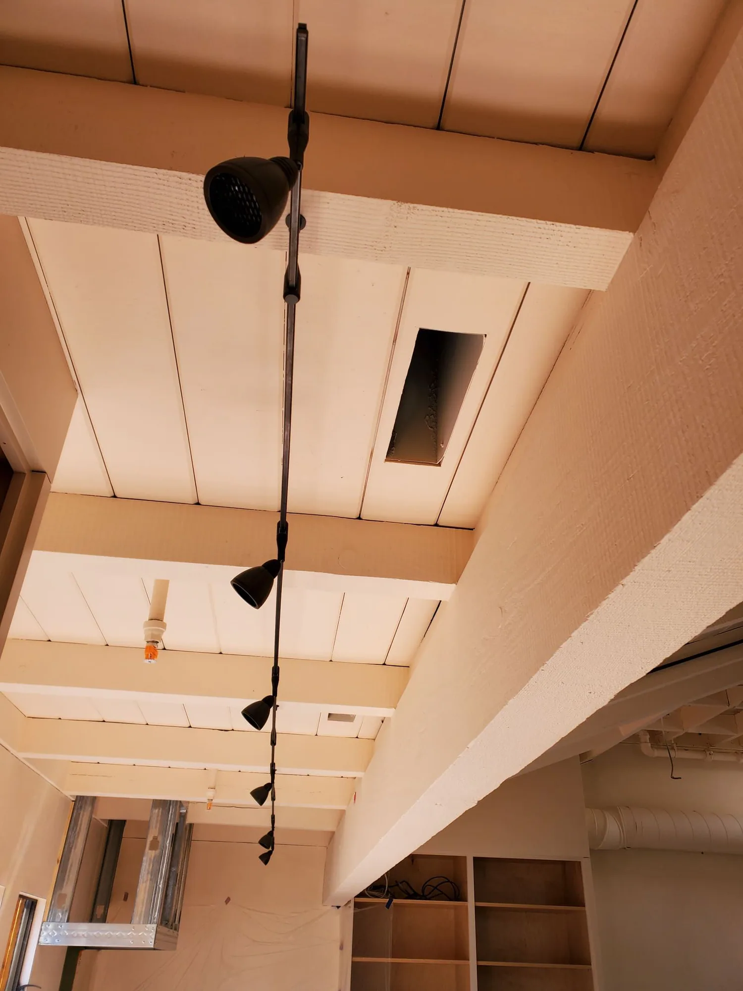 Pendant lights suspended from a high ceiling