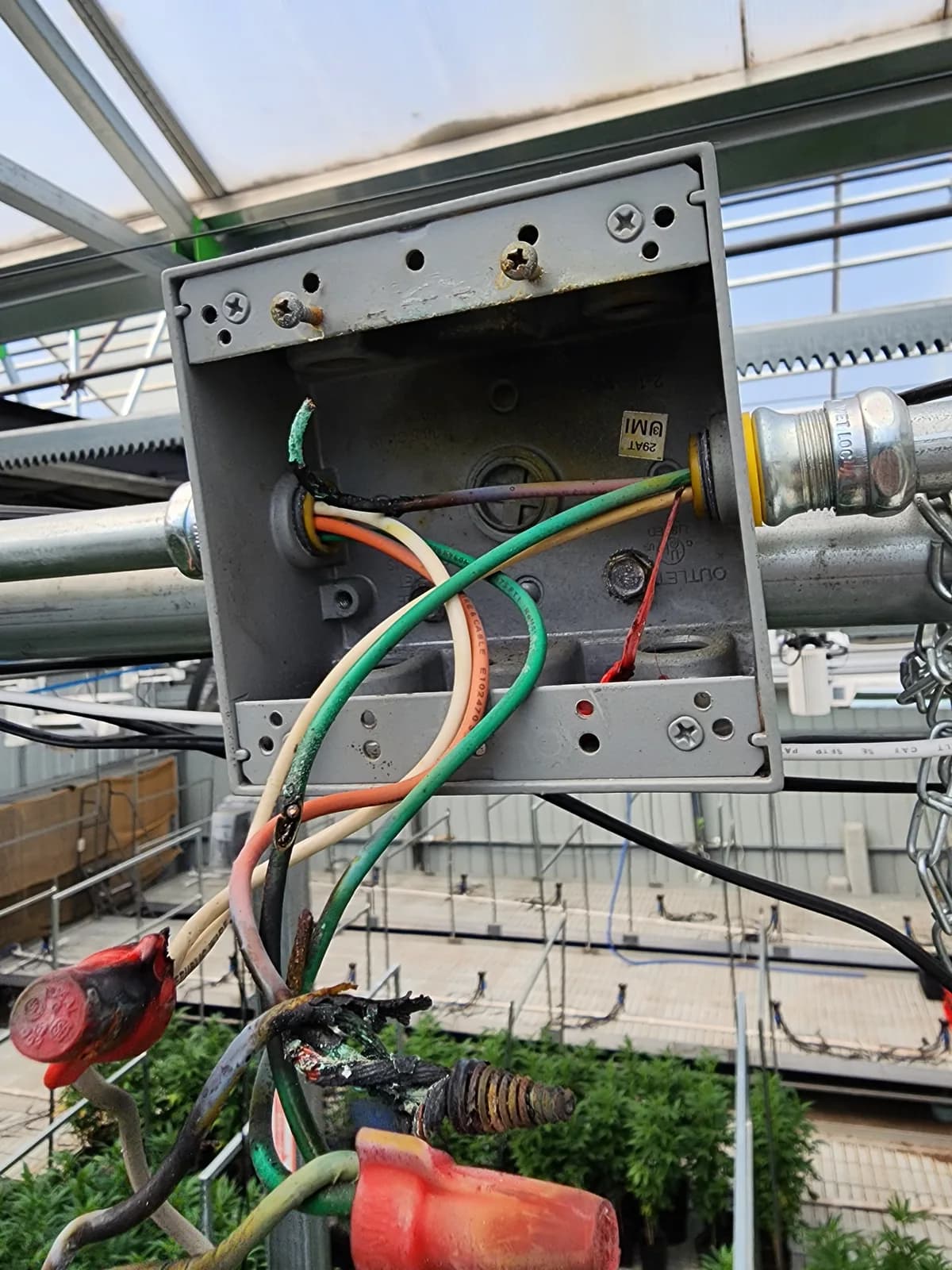 Open junction box with damaged wire insulation and exposed connectors