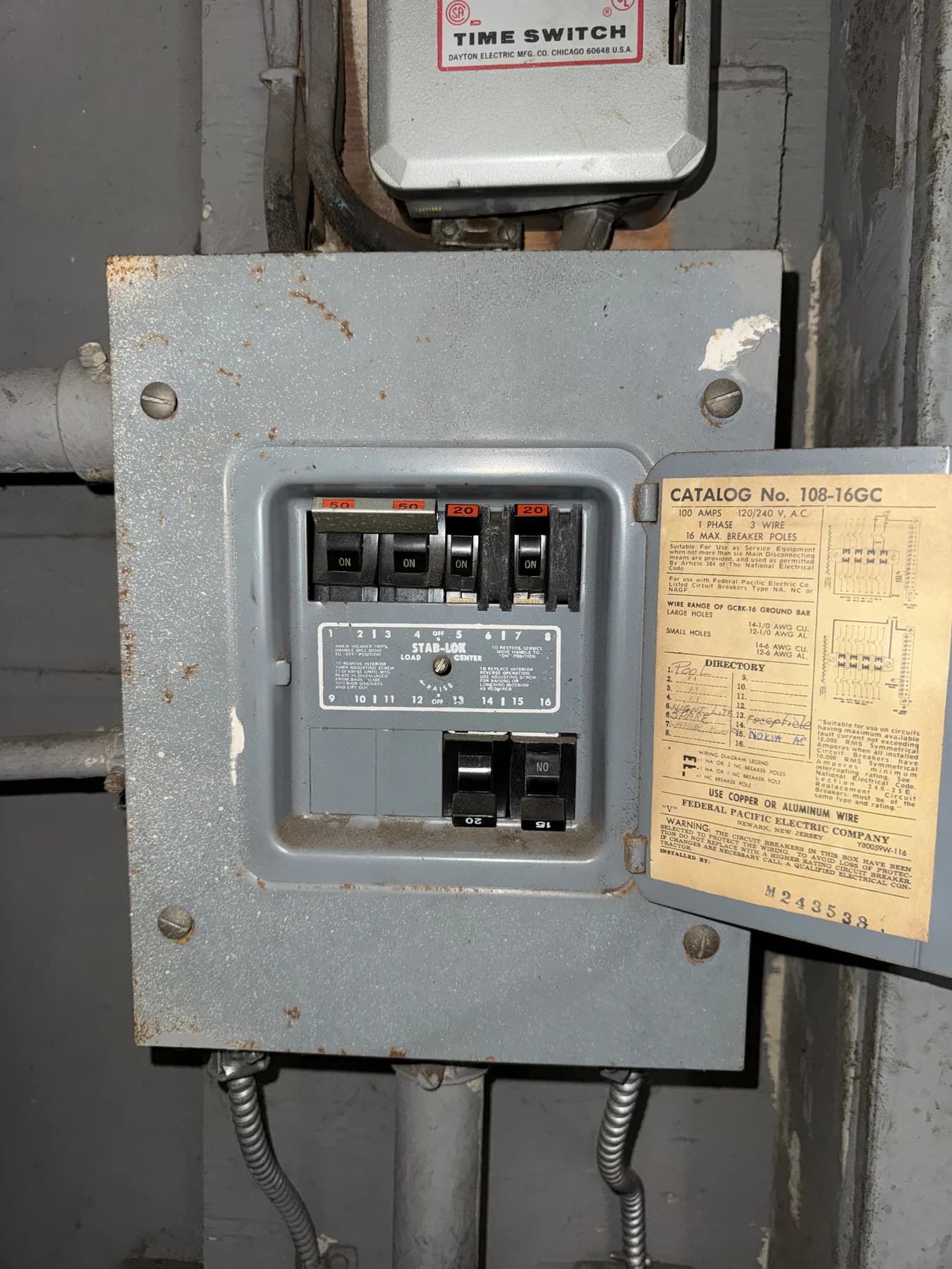 Federal Pacific Electric Stab-Lok load center with the manufacturer label visible