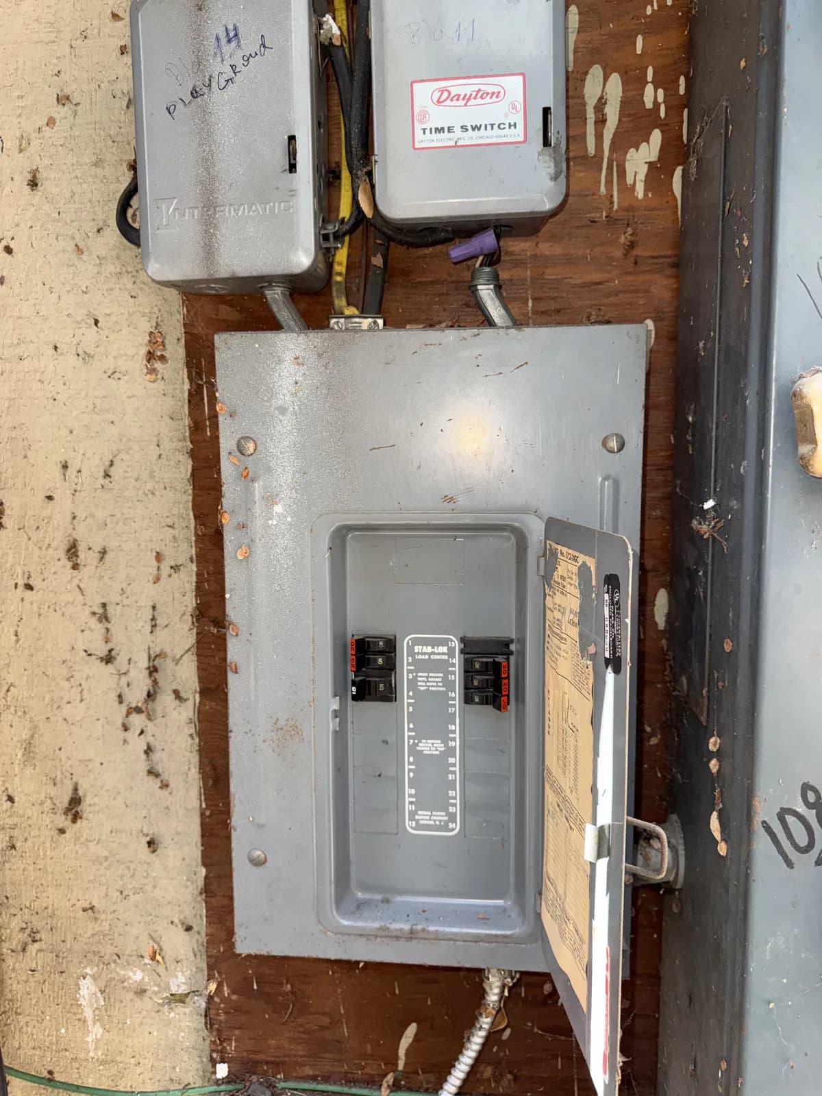 Stab-Lok panel with its door open and timer enclosures mounted above