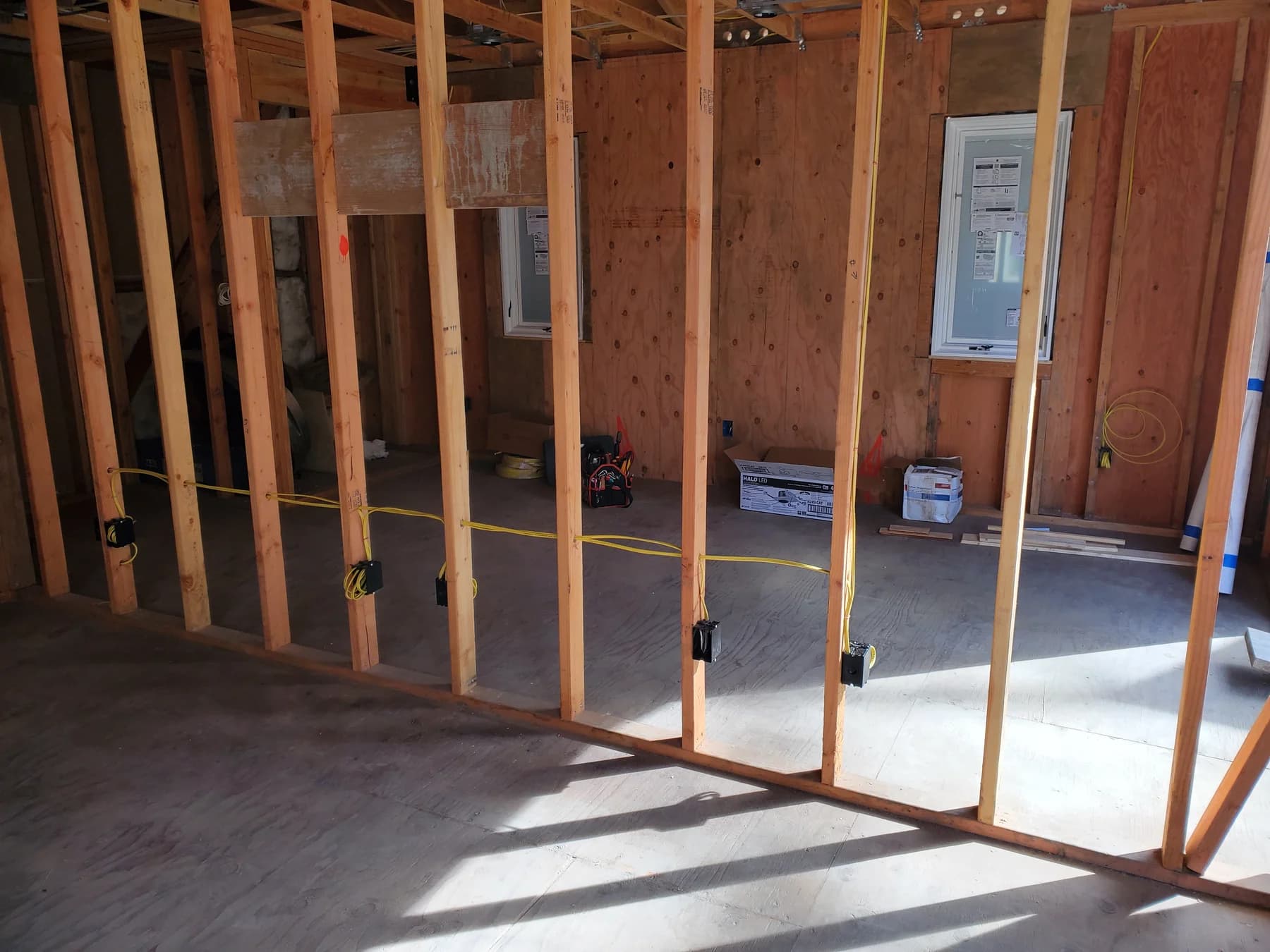 Electrical rough-in within framed walls of an accessory dwelling unit