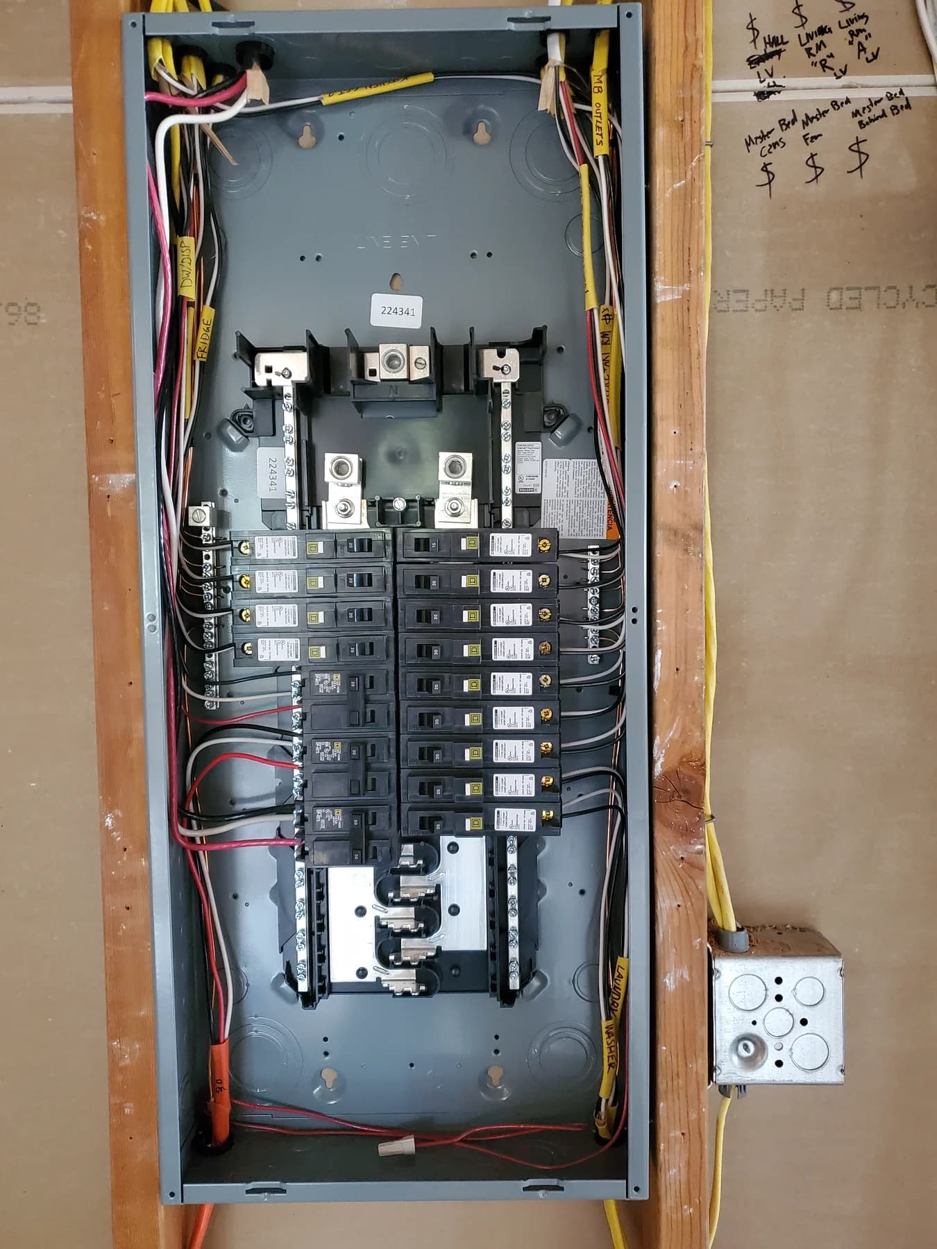 Open Square D subpanel with breakers and feeder conductors in residential framing