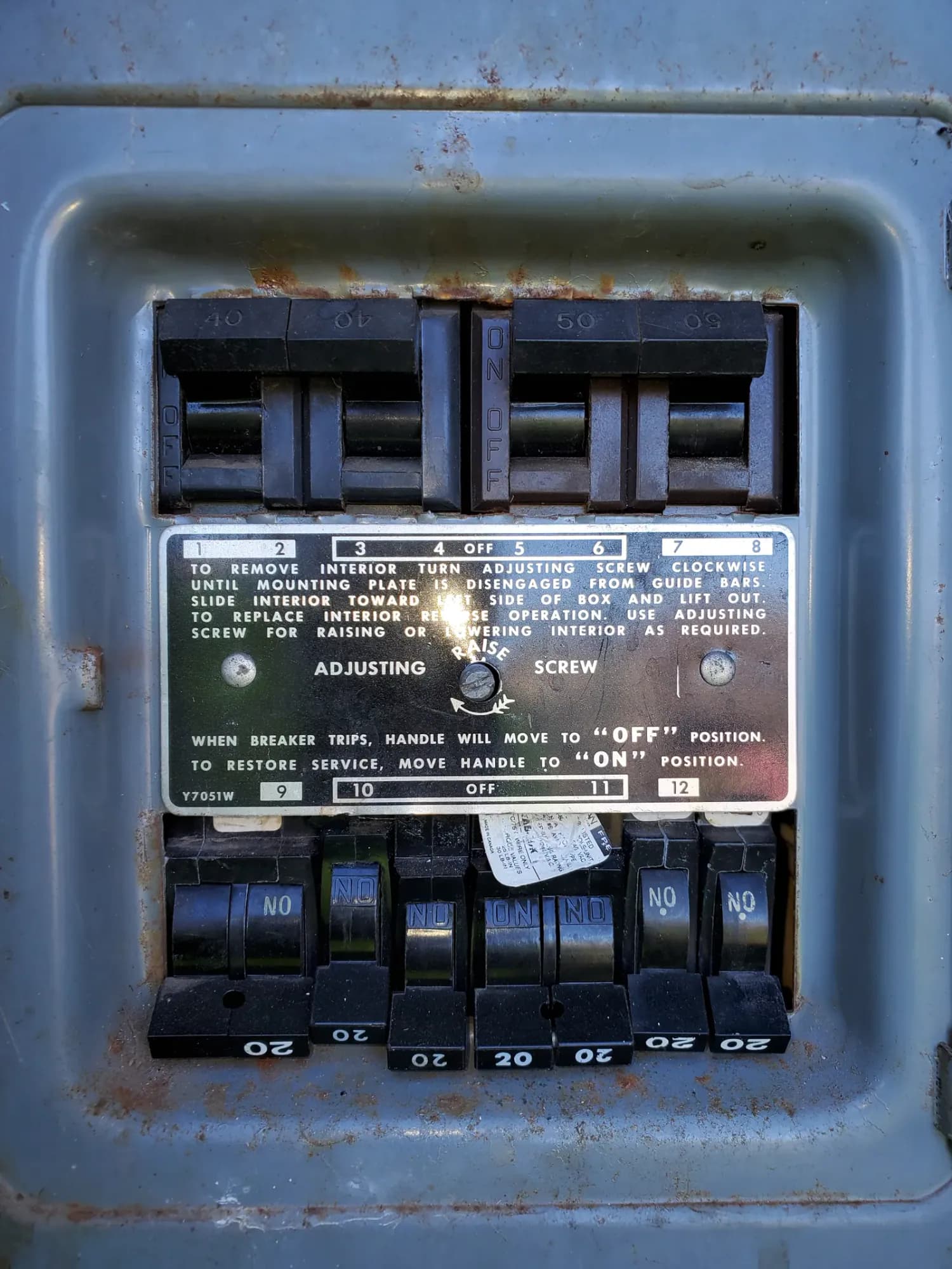 Breaker arrangement and original label inside a Federal Pacific Stab-Lok panel