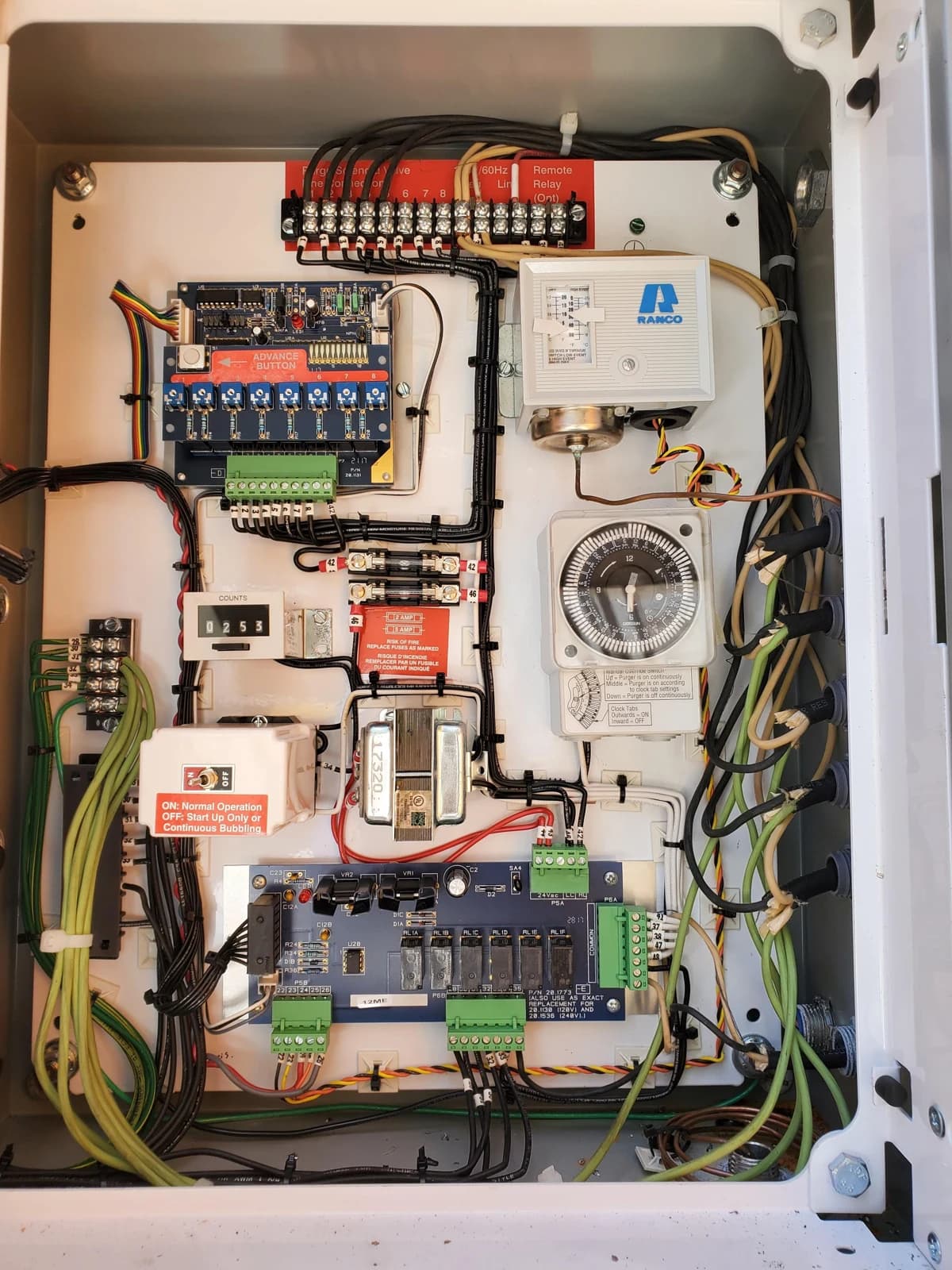 Electrical control cabinet with wiring, relays and timer controls